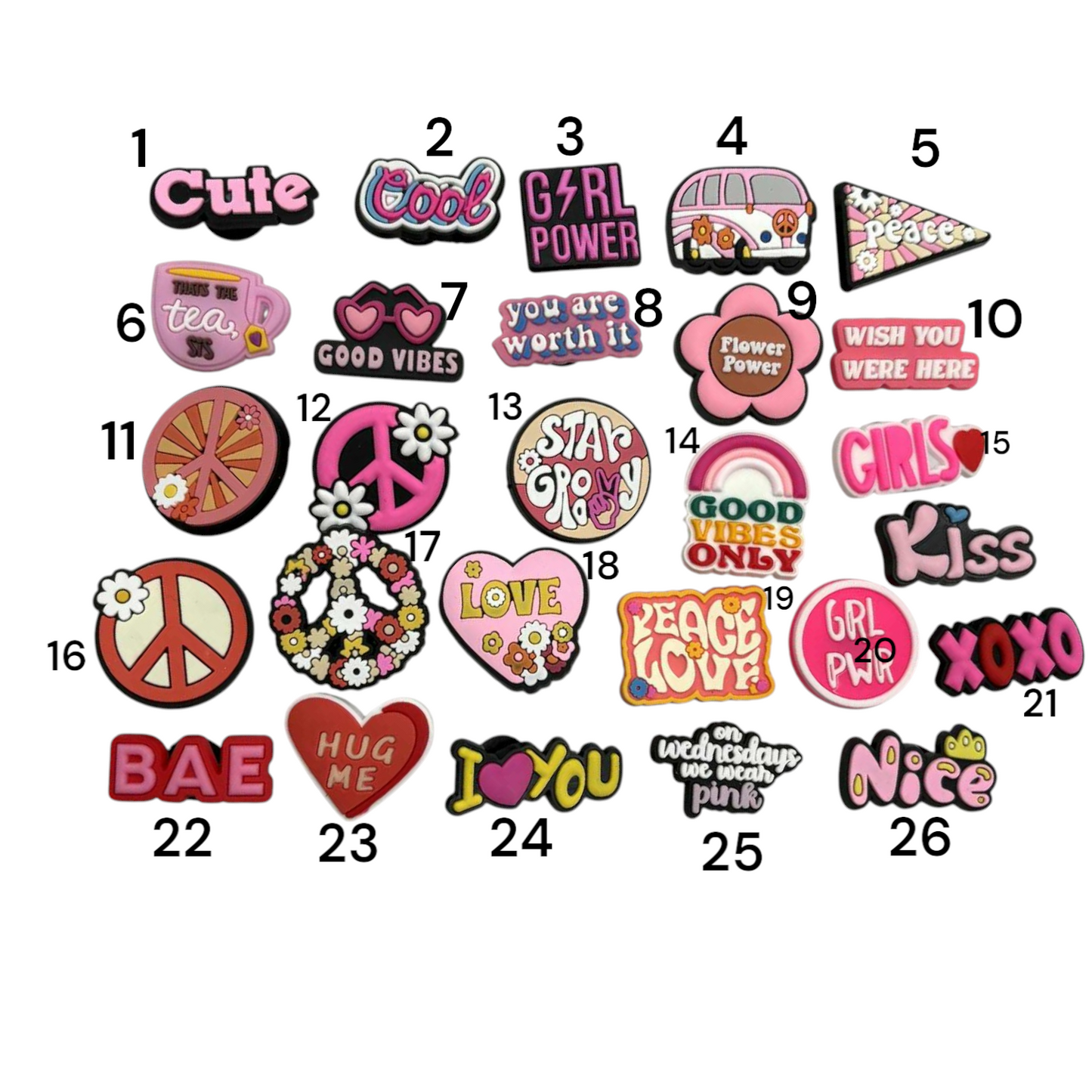 Random Pink Themed Sayings/Peace/Other Shoe Charms