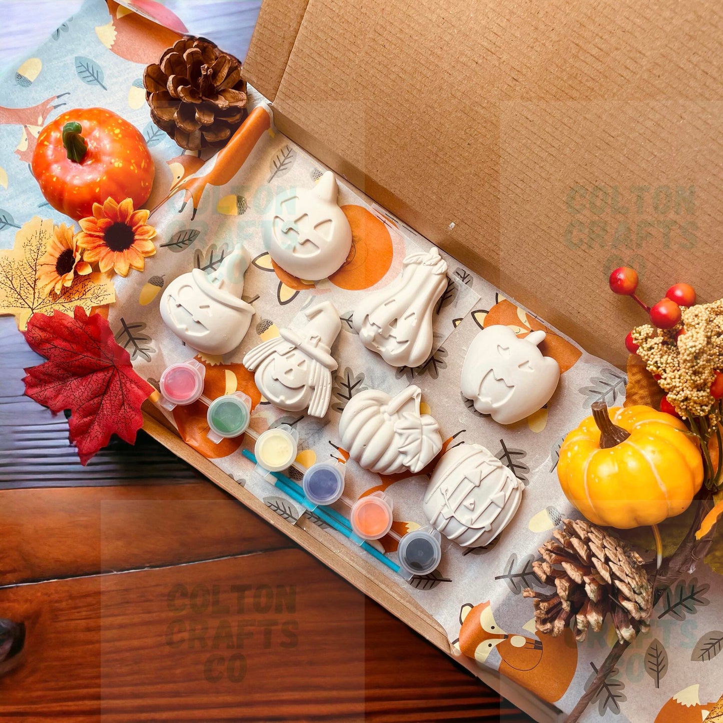 Pumpkin Halloween Plaster Paint Set of 7 with 6 paints | Pumpkins | Hanging Ornament Option Available