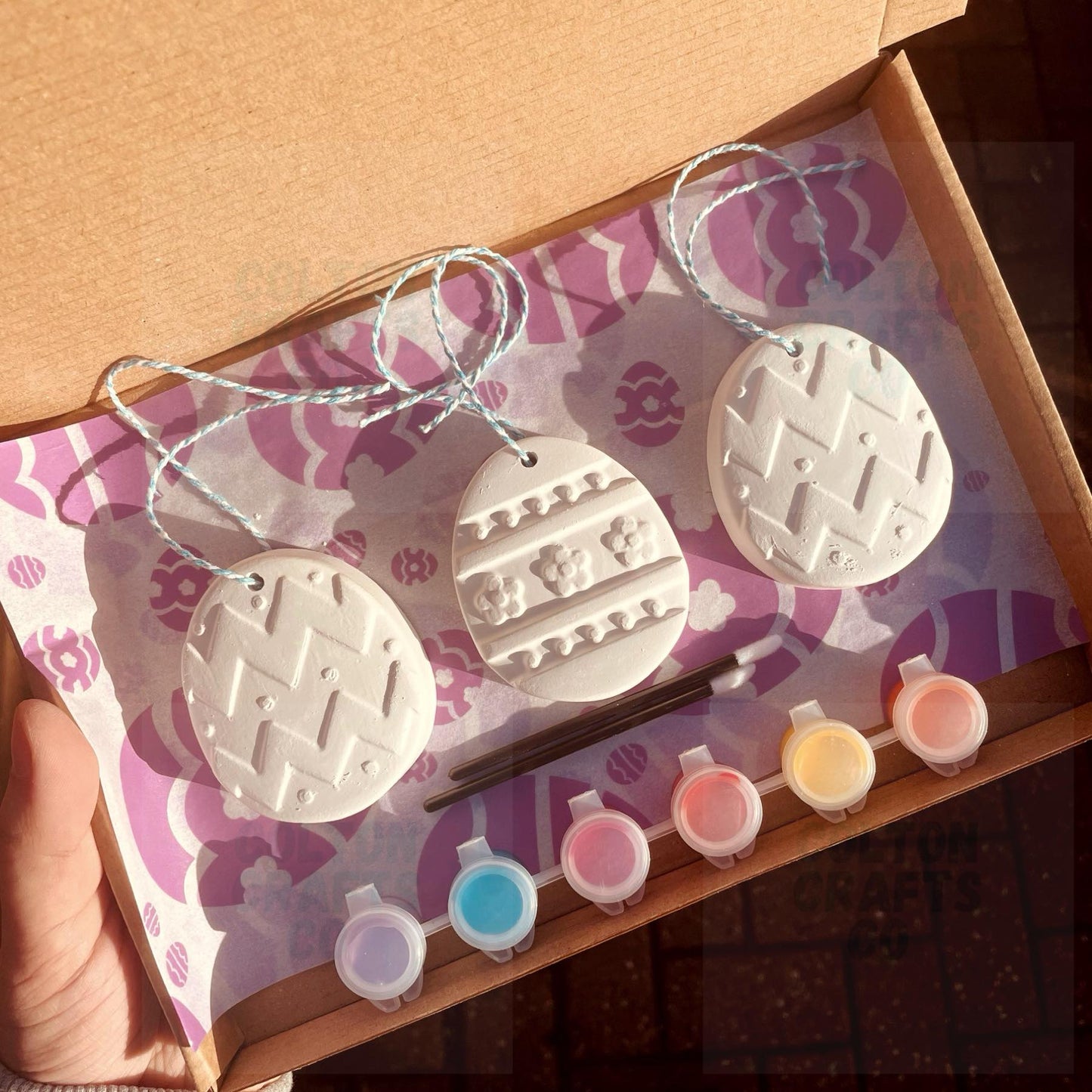 Easter Themed Egg Box Set - 3 Eggs, 6 paints and Brush - Hanging Option Available