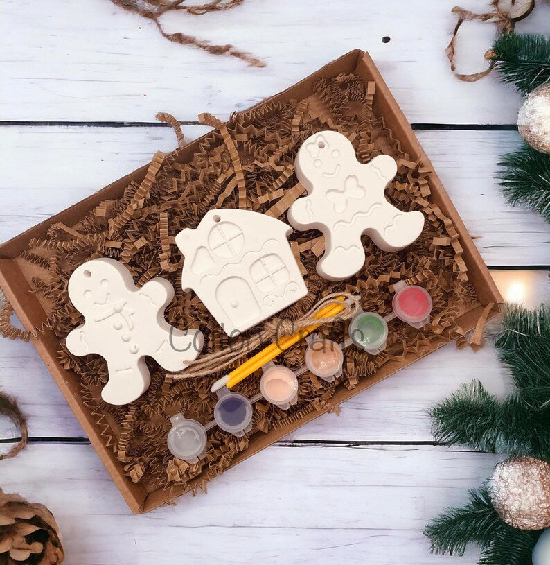 Gingerbread Hanging Ornaments - Paint Your Own Box - Christmas Eve Box Fillers - Stocking Fillers - Xmas Gifts for Kids - Tree Decorations