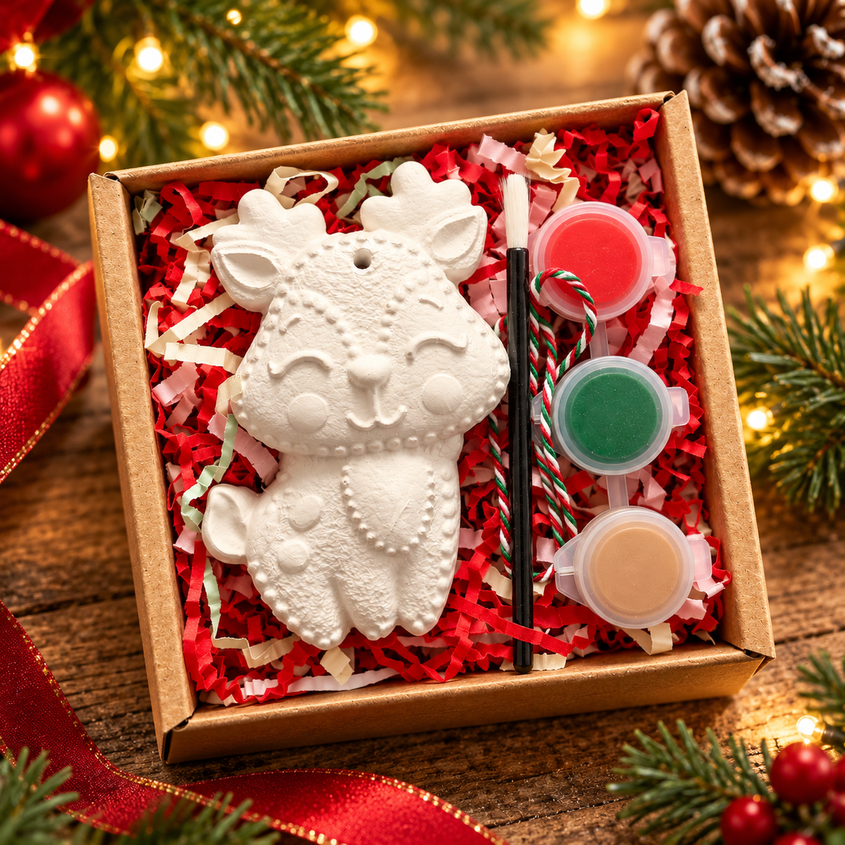 Christmas Reindeer Hanging Plaster Shape Box Kit with 3 paints, Brush and String