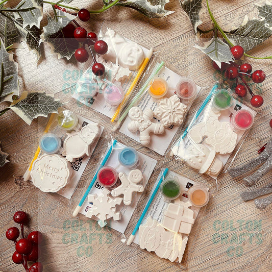 Small Christmas Themed Plaster Paint Kit Bags with 2 Christmas Ornaments & 2 Paints | Christmas Eve Box | Stocking Fillers