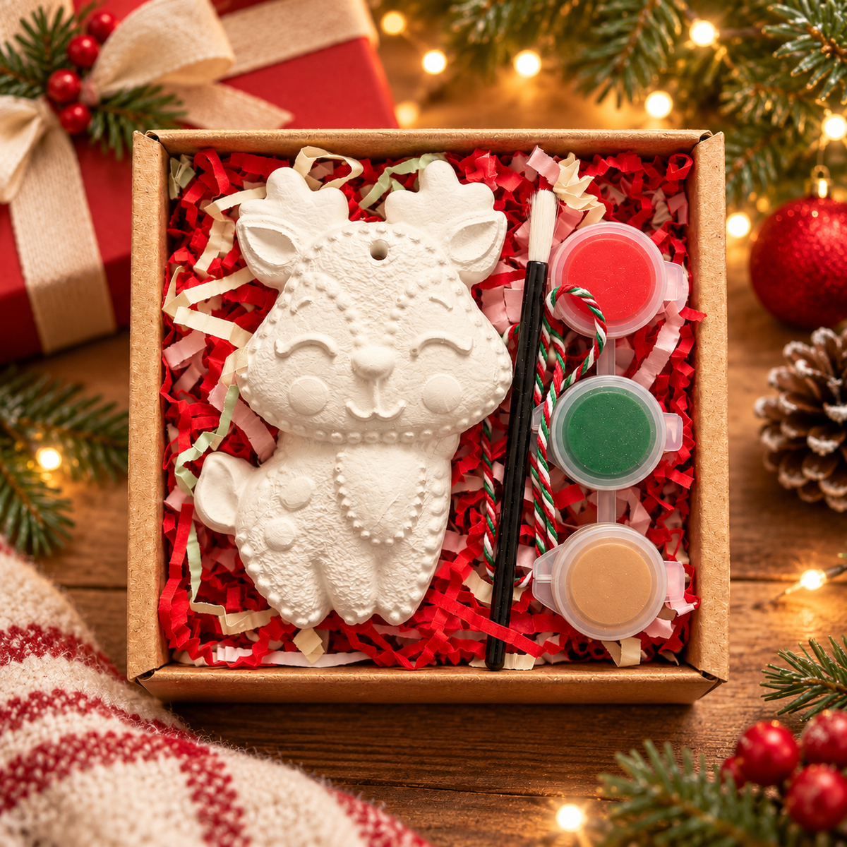 Christmas Reindeer Hanging Plaster Shape Box Kit with 3 paints, Brush and String