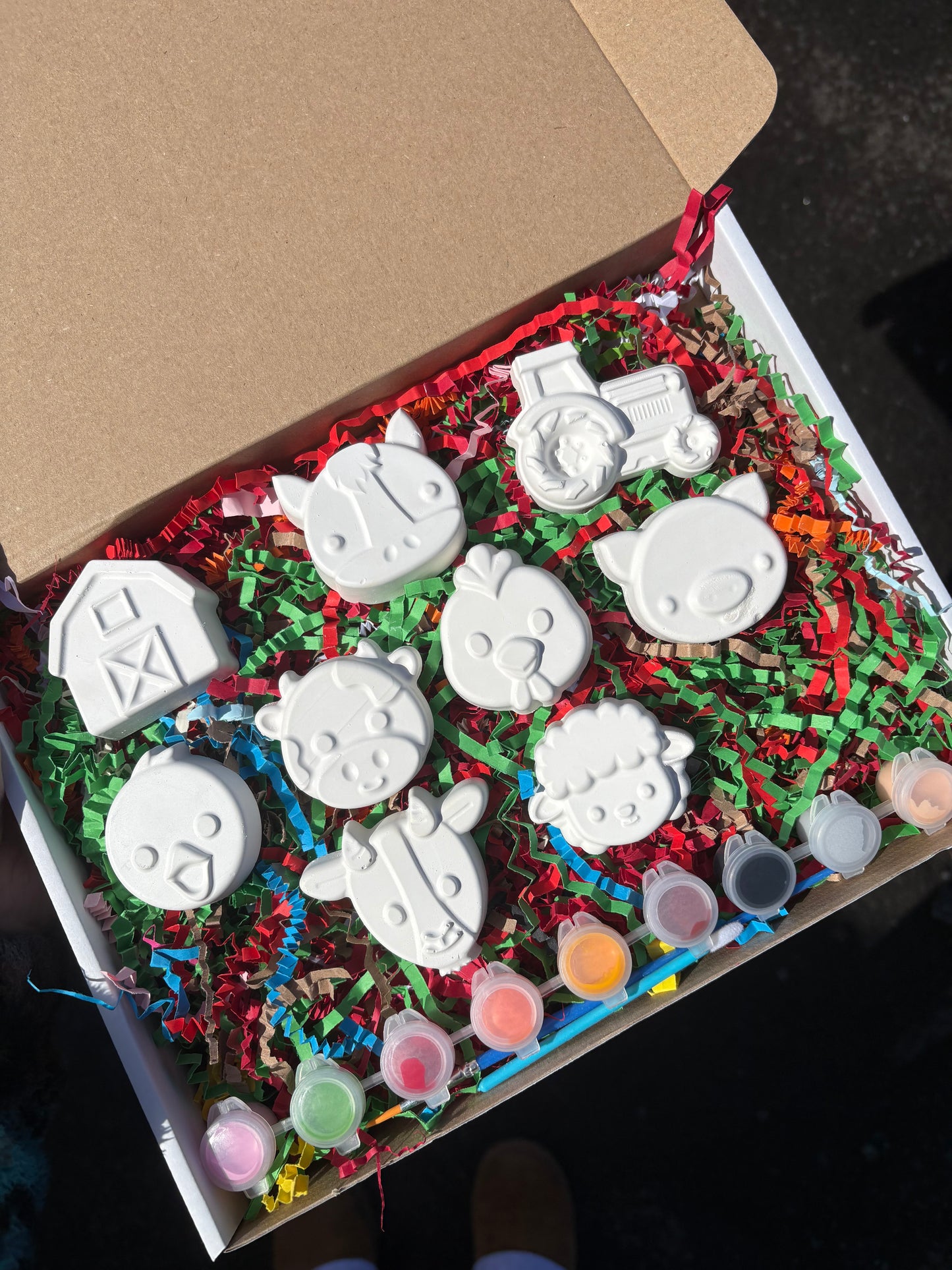 Small Farm Box Set with 9 shapes, 9 paints and brush. Magnet Option available
