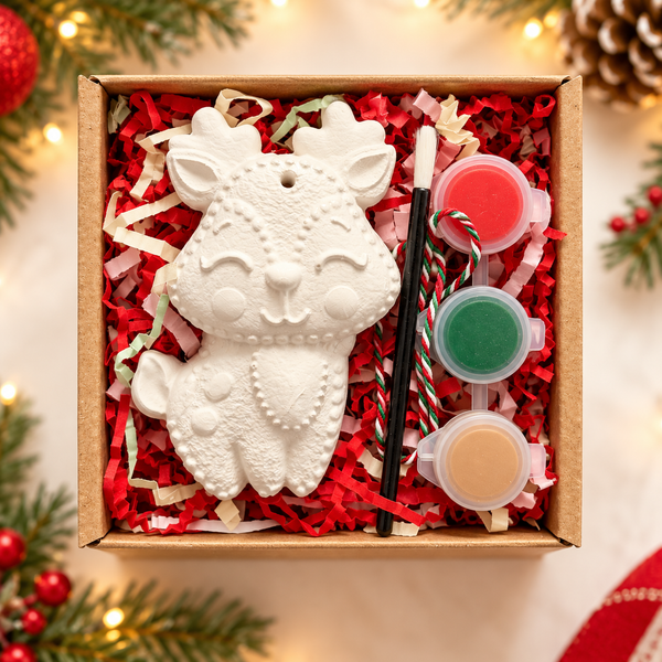 Christmas Reindeer Hanging Plaster Shape Box Kit with 3 paints, Brush and String