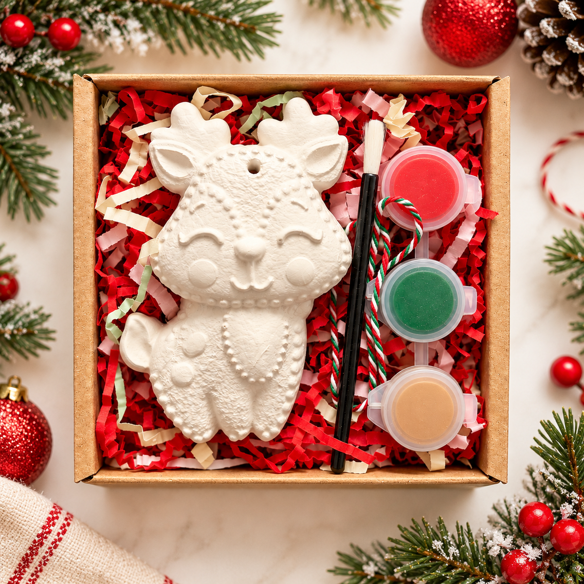 Christmas Reindeer Hanging Plaster Shape Box Kit with 3 paints, Brush and String