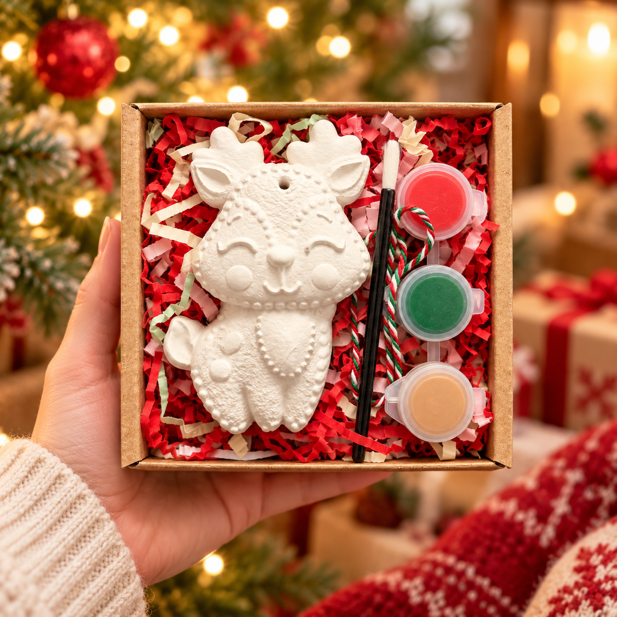 Christmas Reindeer Hanging Plaster Shape Box Kit with 3 paints, Brush and String