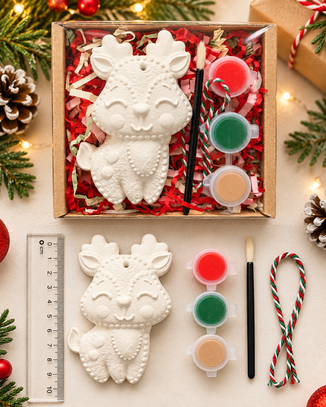 Christmas Reindeer Hanging Plaster Shape Box Kit with 3 paints, Brush and String