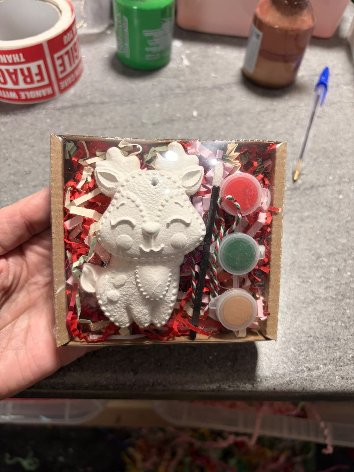 Christmas Reindeer Hanging Plaster Shape Box Kit with 3 paints, Brush and String