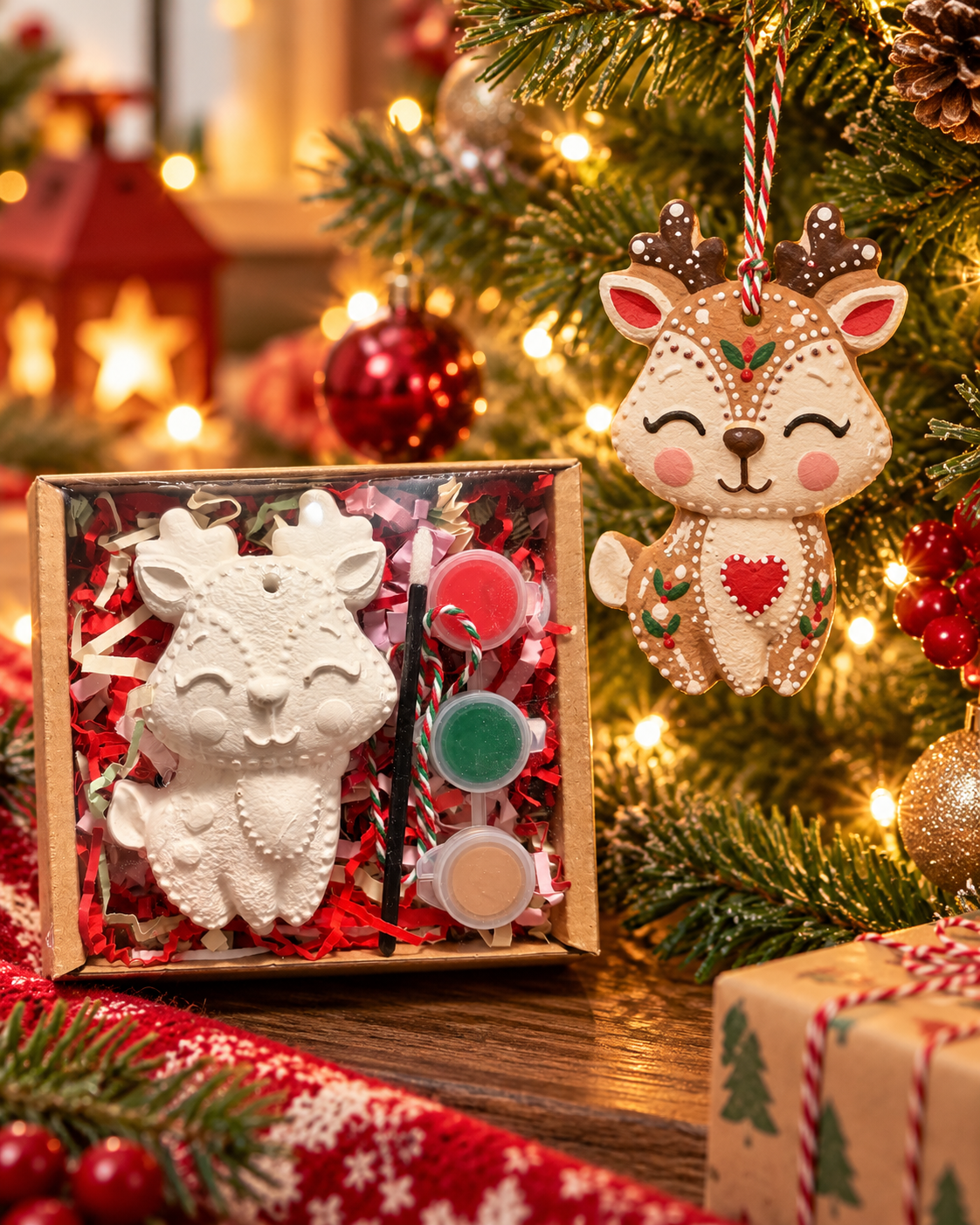 Christmas Reindeer Hanging Plaster Shape Box Kit with 3 paints, Brush and String