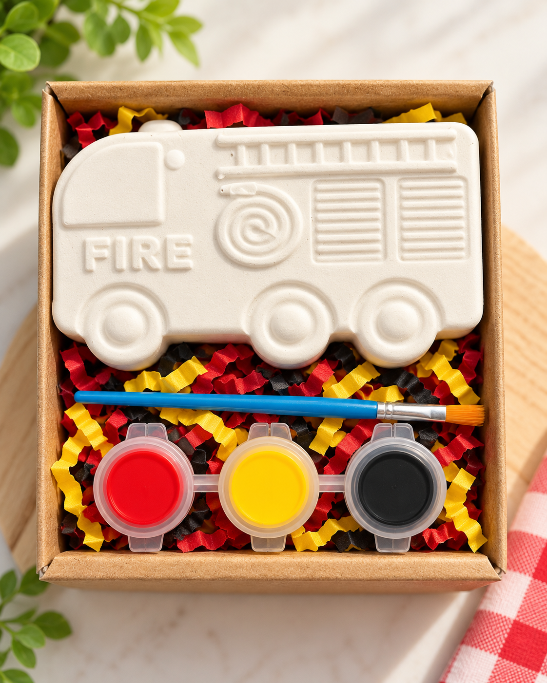 Fire Engine Plaster Shape Box Kit with 3 paints & Brush