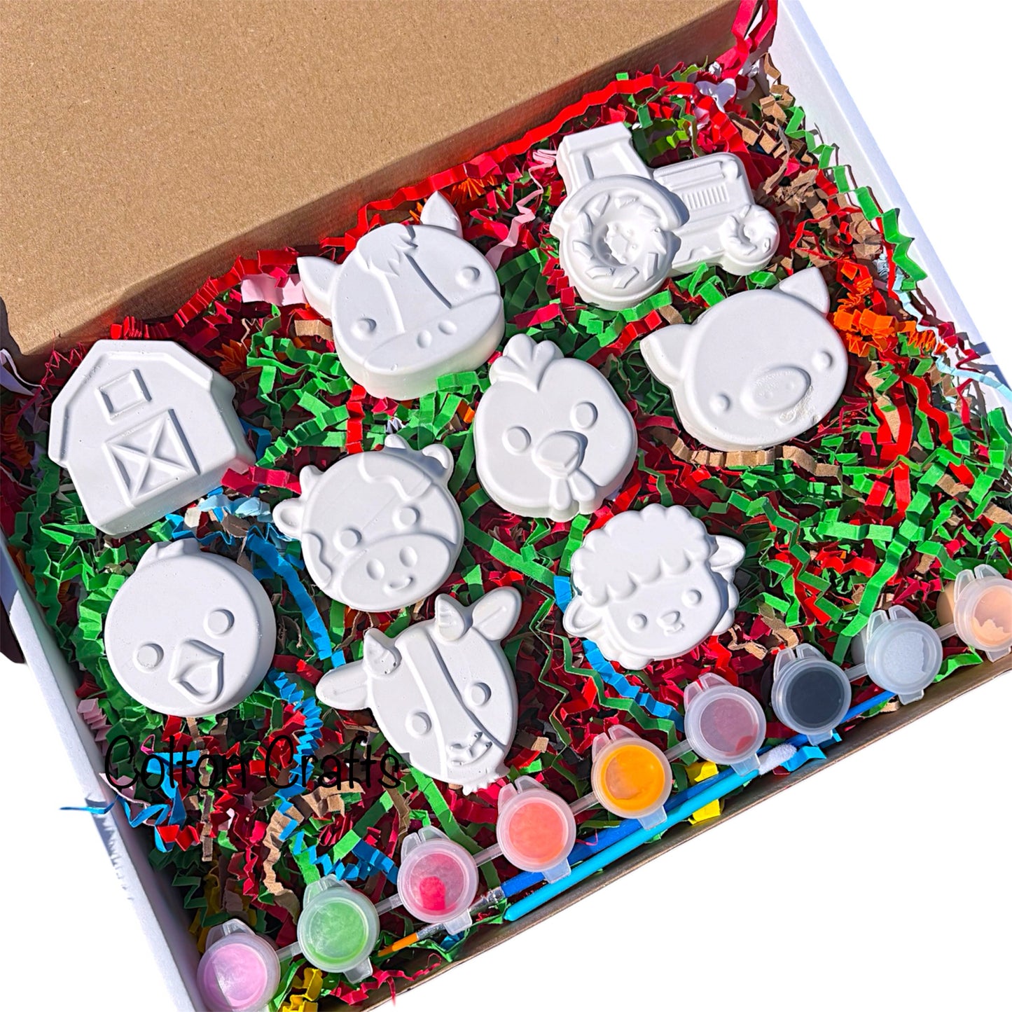 Small Farm Box Set with 9 shapes, 9 paints and brush. Magnet Option available