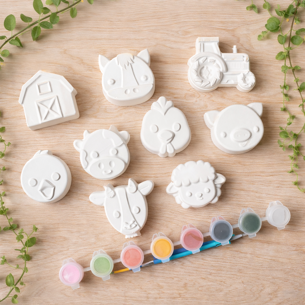 Small Farm Box Set with 9 shapes, 9 paints and brush. Magnet Option available