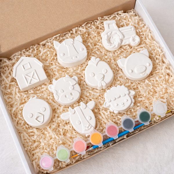 Small Farm Box Set with 9 shapes, 9 paints and brush. Magnet Option available